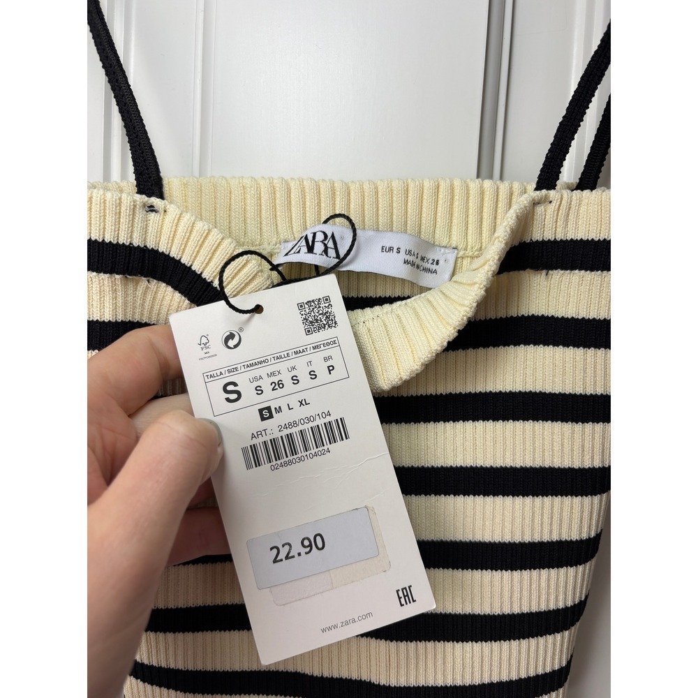 NWT Zara Striped Knit Camisole Crop Top Small Cream Black Ribbed Spaghetti Strap - Picture 3 of 4